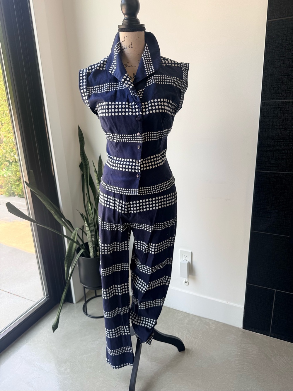 Banned retro Navy Polka-Stripe Sleeveless top and pants set